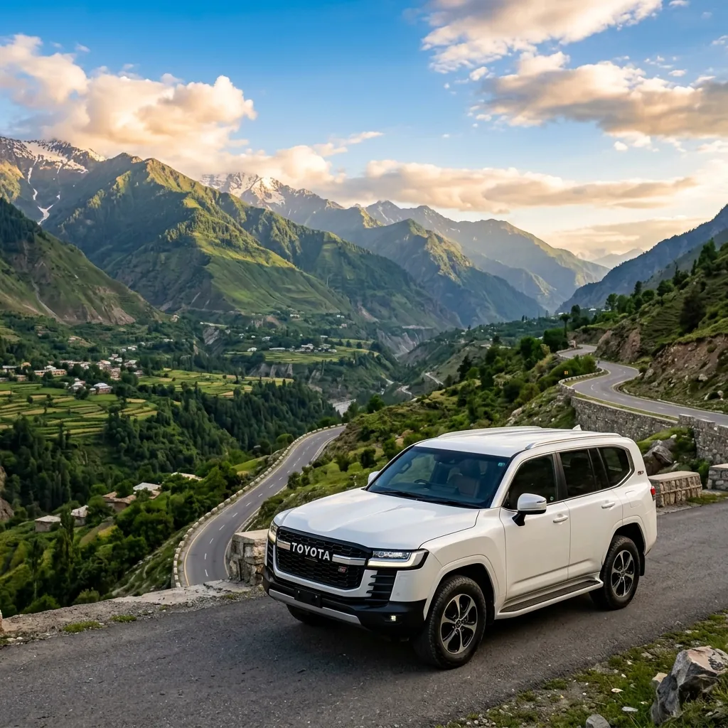 Scenic Pakistani highway with premium SUV driving through mountainous terrain